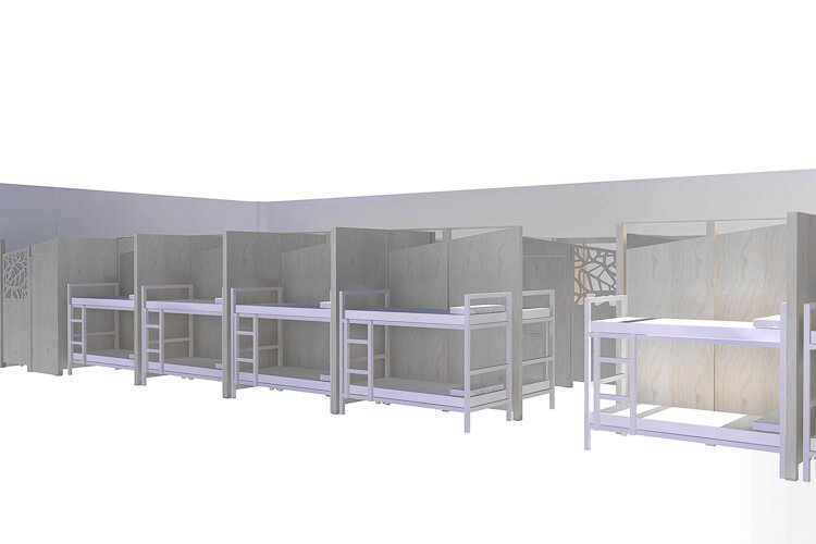 Individual shelters within the main 2100 Men’s shelter’s sleeping area designed to mitigate the spread of the virus